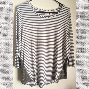 Chico’s white & green striped top w/lace accents